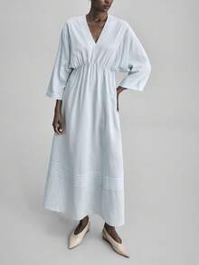 Ontre Women's V-Neck Pleated Loose A-Line Dress, Elegant Linen Material Long Dress For Vacation, Casual, Party, Beach, Autumn/Winter - Blue - View 5