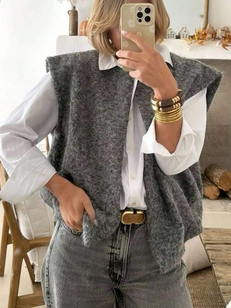 Serisse Áo khoác vest không tay cổ tròn màu trơn dành cho nữ, áo khoác ngoài thường ngày, thu/đông, áo khoác xám, trang phục công sở thường ngày dành cho nữ, thích hợp mặc đi làm hàng ngày, mùa thu - Màu xám đen - Xem 1