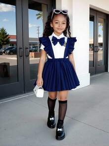 Girls' Navy Academic Style Cap Sleeve Collar Badge 3D Bowknot Shirt And Criss-Cross Flare Sleeve Pleated Suspender Skirt Set Cute School Clothes Uniform