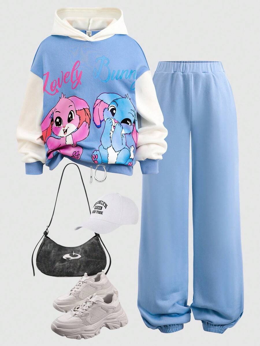 SHEIN Tween Girls' Loose Hoodie And Sweatpants Cartoon Print Colorblock Blue 2-Piece Set Fall Winter - Blue - View 1