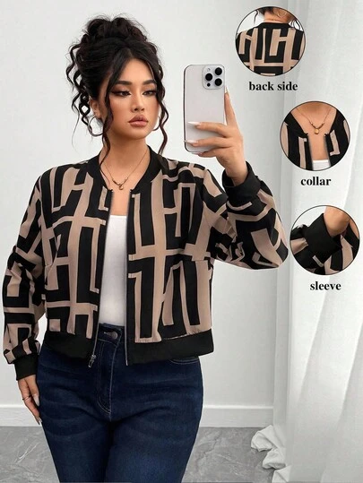 SHEIN CURVE+ 秋季大码女式几何印花长袖休闲棒球夹克