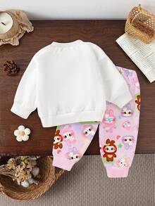 SHEIN 1 套女婴休闲可爱卡通兔子印花圆领运动衫和印花运动裤套装，秋冬 - 彩色 - 查看 2