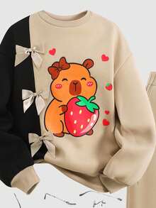 SHEIN Tween 女童宽松休闲简约舒适圆领拼接撞色连帽衫和慢跑裤套装 - 卡其色 - 查看 11
