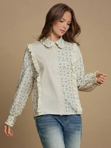 WESTFADE Mixed Media Striped Floral Bow & Railroad Stripe Printed Collared Button Front Relaxed Boxy Fit Ruffle Button Up Shirt Casual Cute Fall Boho Top Country Western Wear Concert Outfit