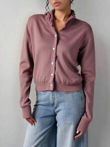 Cardigan de punto para mujer - sueter con capucha, tejido suave y cálido con detalles de encaje delicado en la capucha y el cierre, botones decorativos de aspecto de perla - Estilo elegante casual con toque romántico - Ideal para uso diario y capas en primavera y otoño - Marrón - Ver 7