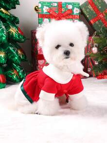PETSIN 1pc Cat And Dog Clothes, Cute Red And Green Christmas Bell Snow Flower Dress, Autumn And Winter Pet Thick Warm Christmas Day Outfit - Red - View 6