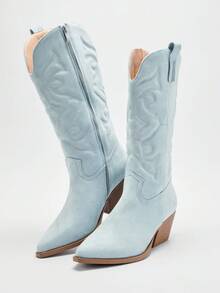 Solezae Botas vaqueras de media pantorrilla con tacón grueso, puntera y bordado glamoroso - Neblina azul - Ver 7