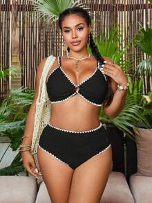 Swim Chiccia 大码女式两件套纯色纹理面料细肩带分体泳衣，休闲套装 - 黑色 - 查看 5