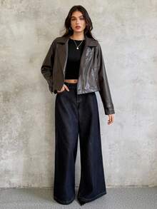 SHEIN Unity 女士新款时尚复古休闲宽松翻领长袖双排扣 PU 皮夹克外套 - 棕色 - 查看 5