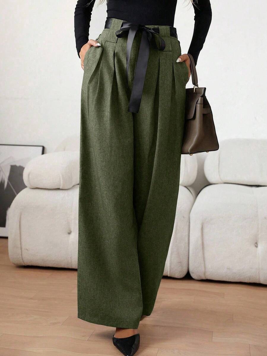 SHEIN 女士休闲撞色腰带褶皱长宽松裤,秋冬 - 軍綠色 - 查看 1