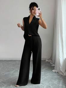 Rafferiza 2pcs/Set Women's Fashionable Casual V-Neck Sleeveless Top And Loose Distinctive Belt Decor Straight Leg Pants, Spring/Summer - Black - View 5