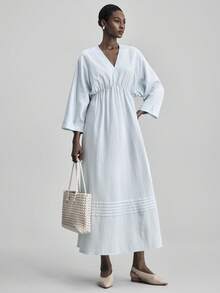 Ontre Women's V-Neck Pleated Loose A-Line Dress, Elegant Linen Material Long Dress For Vacation, Casual, Party, Beach, Autumn/Winter - Blue - View 3