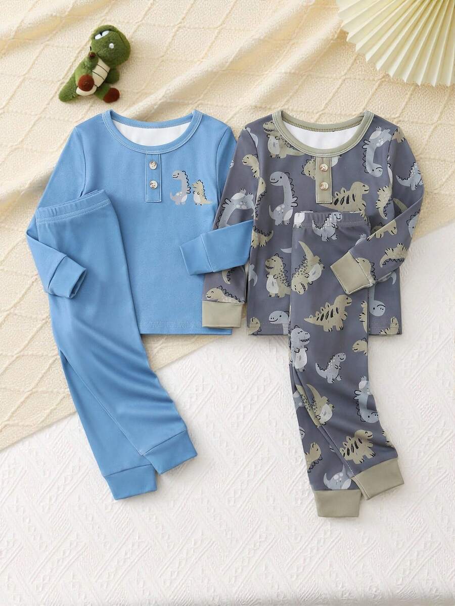 Toddler Boys' Dinosaur Cartoon Print Long Sleeve Bodysuit And Long Pants Set, Comfortable Soft Fabric Suitable For Baby Boy Casual Wear