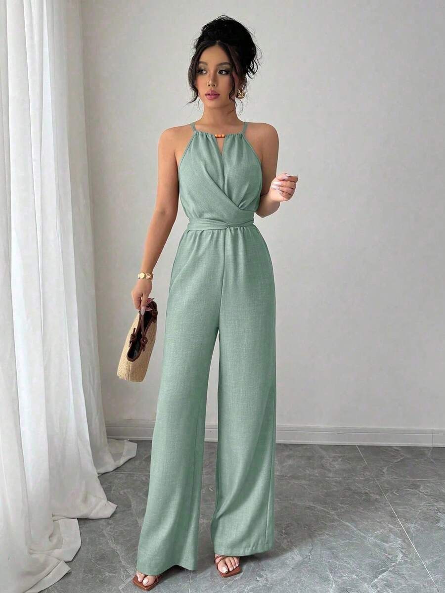 Elenzga 女式休闲卡其色褶皱面料吊带串珠设计腰部纽扣系带连体裤，春夏