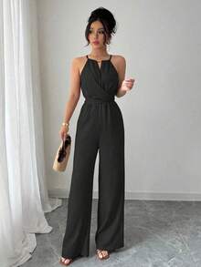 Elenzga Bộ đồ liền thân không tay vải nhăn màu đen dành cho nữ có dây buộc eo và trang trí ngọc trai, thường ngày, xuân/hè - màu đen - Xem 3
