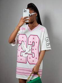 SHEIN Y2K Teen Girls Pink Polyester Short Drop Shoulder Sleeve V Neck Dress With Cute Cartoon Pattern - Pink - View 3