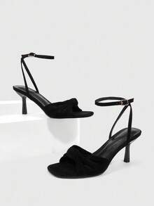 CUCCOO SZL 女士金色金属 PU 结饰踝带方头时尚性感夏季户外优雅金属高跟凉鞋 - 黑色 - 查看 2