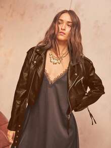 Aralina PU 仿皮机车夹克 短款机车夹克 前卫街头风 系带外套 - 棕色 - 查看 3