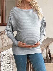 SHEIN Maternity Solid Color Crew Neck Pullover Sweater, Knitted Batwing Long Sleeve Boat Neck Ribbed Sweater For Autumn/Winter - Grey - View 1