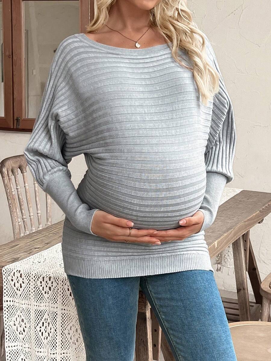 SHEIN Maternity Solid Color Crew Neck Pullover Sweater, Knitted Batwing Long Sleeve Boat Neck Ribbed Sweater For Autumn/Winter - Grey - View 1