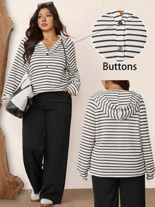 Zelara Plus Size Women Stripe Raglan Sleeve Button Half Placket Drawstring Sweatshirt Slouchy Casual Style Airport Winter Fall School - Black and White - View 8