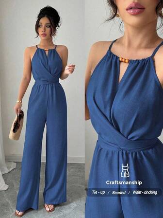 SHEIN PETITE Women's Casual Khaki Crinkle Fabric Halter Neck Beaded Design Waist Button Tie Jumpsuit, Spring/Summer