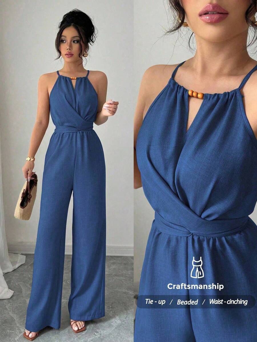 SHEIN PETITE Women's Casual Khaki Crinkle Fabric Halter Neck Beaded Design Waist Button Tie Jumpsuit, Spring/Summer - Blue - View 1