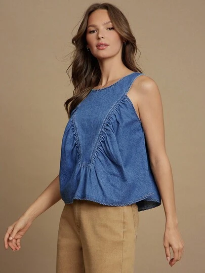 WESTFADE 圆领西部风格拼接100%纯棉牛仔无袖A字上衣，休闲可爱，适合秋季穿着，波西米亚乡村西部风情。