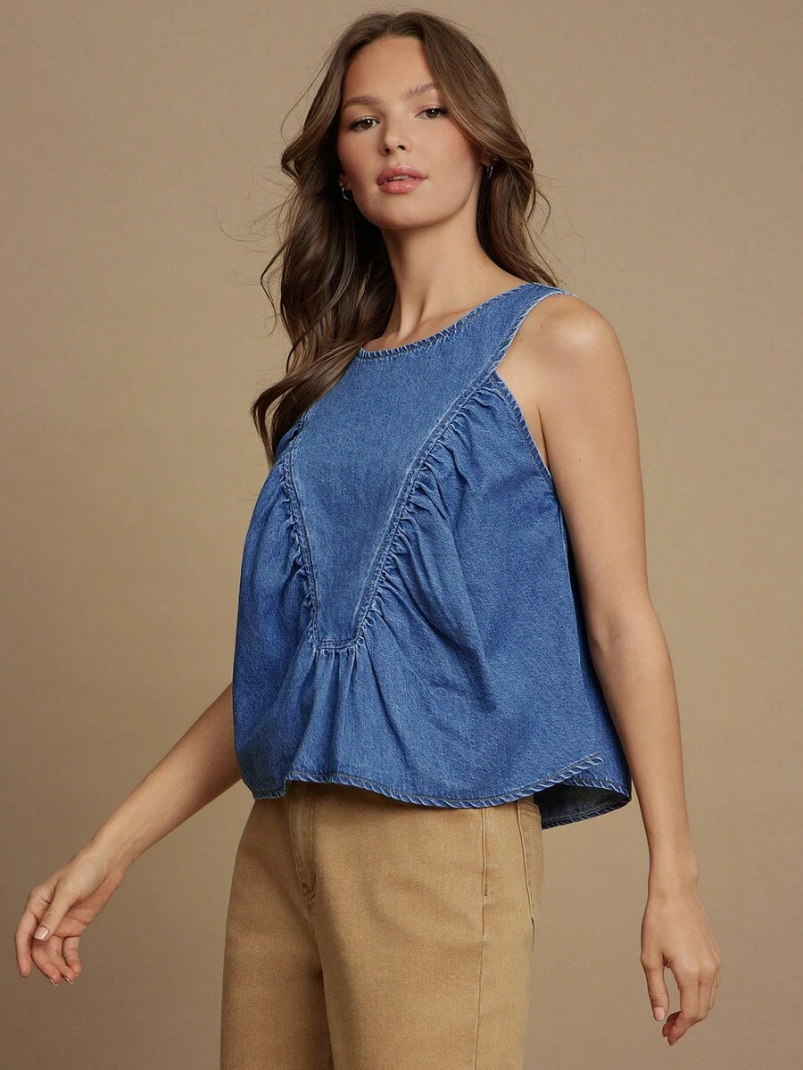 WESTFADE 圆领西部风格拼接100%纯棉牛仔无袖A字上衣，休闲可爱，适合秋季穿着，波西米亚乡村西部风情。 - 中等水洗藍 - 查看 1