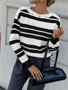 Chiquease Women's Casual Colorblock Striped Button Design Sweater, Autumn/Winter Fall Cloth For Women - Multicolor - View 5