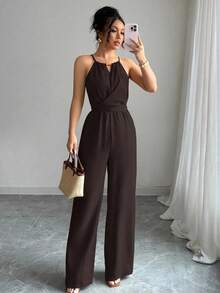 Selianne 女式春夏休闲卡其色褶皱面料露背领口串珠设计腰部纽扣系带连体裤 - 巧克力棕 - 查看 3