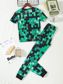 男童柔软舒适贴身睡衣套装，可爱卡通数码格子全身印花，休闲简约短袖和裤子两件套家居服 - 綠色 - 查看 2