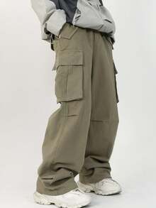 Manfinity Roghcode Pantalones cargo holgados para hombre con bolsillo con solapa y cordón ajustable en la cintura, para otoño - Verde militar - Ver 1