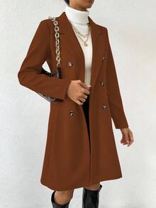 SHEIN PETITE Abrigo largo de mujer con cuello de solapa y doble botonadura, de estilo otoñal - Óxido marrón - Ver 5
