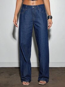 Denimoi Stripe Denim Classic Straight Leg Jeans, Fashionable