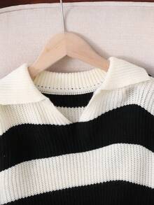 SHEIN 秋冬款 Tween Girl 休闲罗纹高领毛衣 - 黑與白 - 查看 4