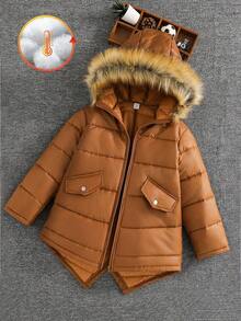 SHEIN Kids/Tween Boys' Brown Winter Padded Coat,Casual Hooded Parka Jacket,Suitable For School,Daily Casual,Travel,Sports,Autumn/Winter Children Jacket - Brown - View 1