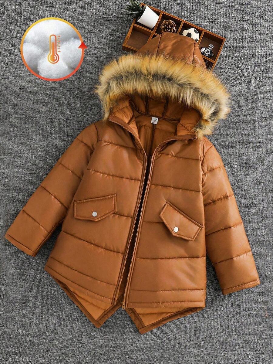 SHEIN Kids/Tween Boys' Brown Winter Padded Coat,Casual Hooded Parka Jacket,Suitable For School,Daily Casual,Travel,Sports,Autumn/Winter Children Jacket - Brown - View 1