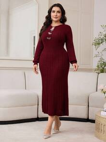 Modelyn Váy len cổ khoét lỗ trang trí nơ thanh lịch cỡ lớn, mùa thu/đông - Màu Đỏ Sâu - Xem 3