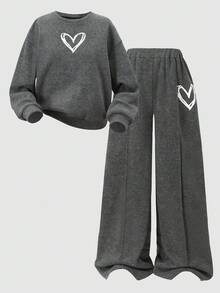 SHEIN 青少年女孩宽松休闲简约舒适圆领运动衫和裤子套装 - 灰色 - 查看 8