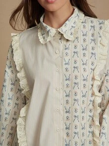 WESTFADE Mixed Media Striped Floral Bow & Railroad Stripe Printed Collared Button Front Relaxed Boxy Fit Ruffle Button Up Shirt Casual Cute Fall Boho Top Country Western Wear Concert Outfit