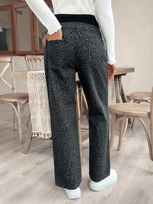 SHEIN 孕妇豹纹休闲百搭直筒牛仔裤 - 深色水洗藍 - 查看 2