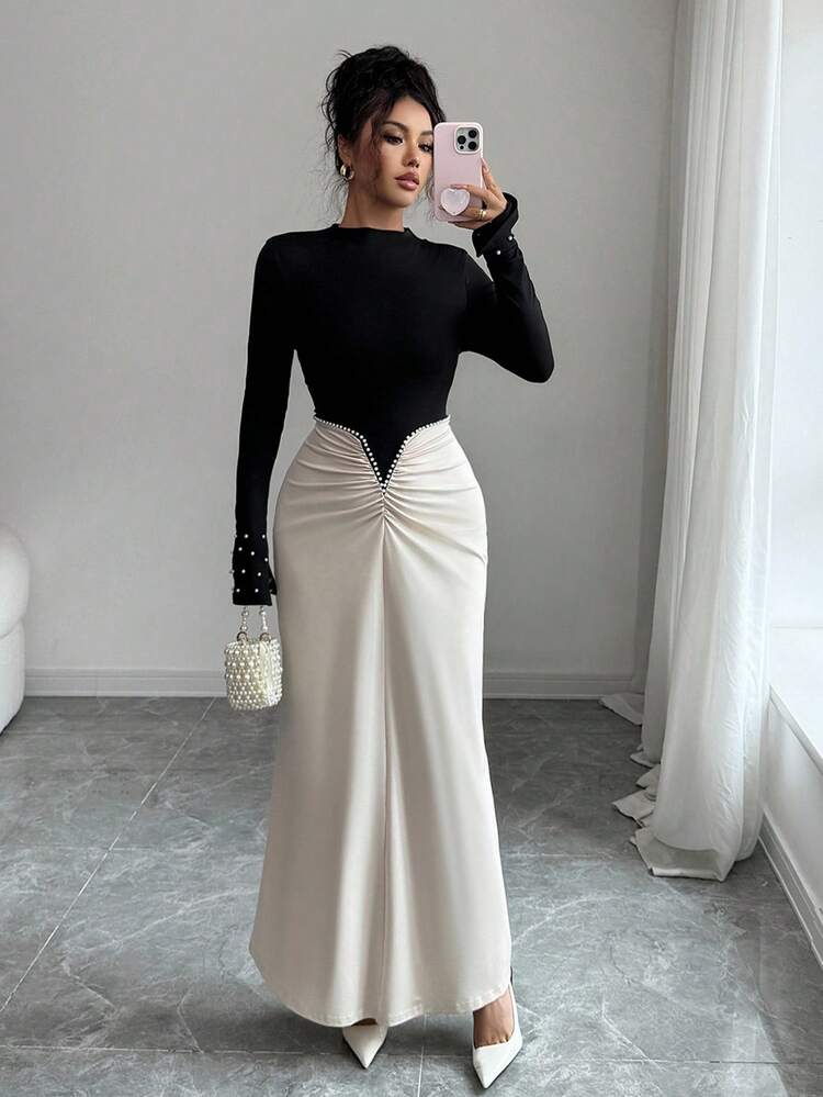Selianne Elegant Lady-Like Pearl Decor Pleated High Waist Fitted Maxi Dress, Sophisticated & Stylish Solid Color Block Design, Suitable For Birthday Party, Formal Occasion, Date, Long Sleeve Extra Long Dress - Black - View 8
