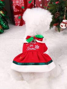 PETSIN 1pc Cat And Dog Clothes, Cute Red And Green Christmas Bell Snow Flower Dress, Autumn And Winter Pet Thick Warm Christmas Day Outfit - Red - View 4