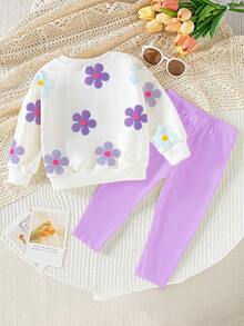 SHEIN Playful Pals 1 套女婴休闲时尚可爱花卉印花圆领运动衫和紧身裤套装，紫色，秋冬 - 彩色 - 查看 2
