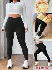 SHEIN EZwear Plus Size Women's High Waist Thick Warm Leggings For Autumn And Winter Thermal Yellow