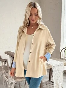 SHEIN Locker geschnittene, mittelange gestreifte Patchwork-Umstandsjacke, geeignet für Frauen