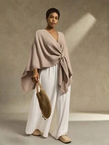 EMERY ROSE Poncho de punto de unicolor con lazo para mujer talla grande, cárdigan simple y elegante para otoño - Caqui - Ver 5