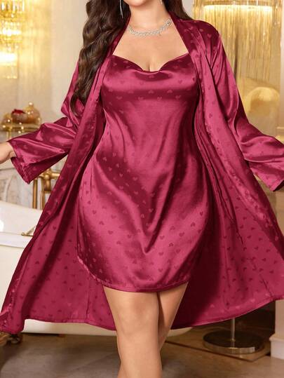 LuxeNights 大码优雅提花爱心吊带裙睡袍套装，仿丝绸材质，秋冬服装