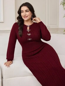 Modelyn Váy len cổ khoét lỗ trang trí nơ thanh lịch cỡ lớn, mùa thu/đông - Màu Đỏ Sâu - Xem 7